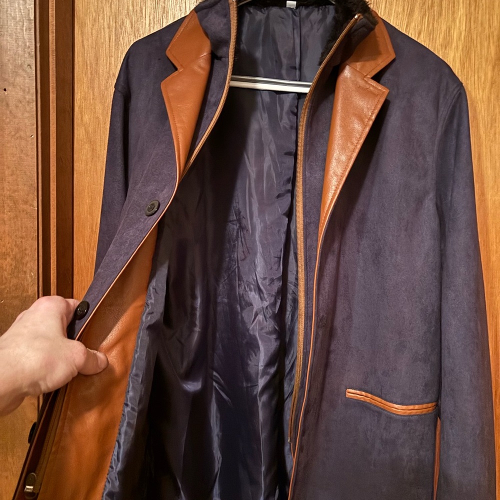 Men's Navy Suede-Effect Coat with Brown Leather Trim - Picture 5 of 6